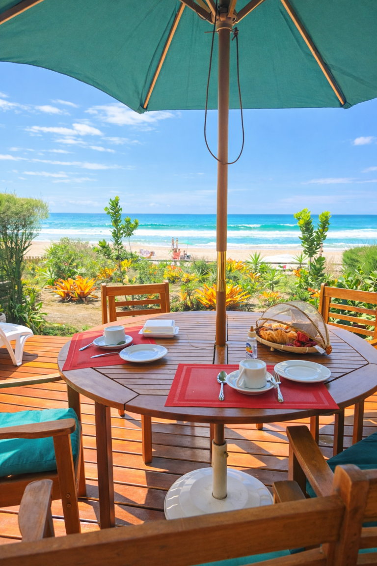 varanda com vista para o mar em casa pé na areia na Praia de Geribá em Búzios